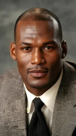 Calm power in a checkered suit, boardroom hero portrait.