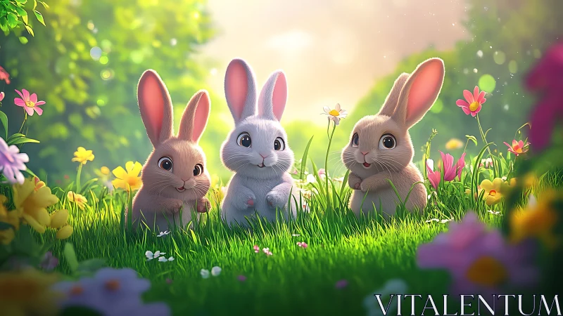 Three cartoon bunnies sitting in bright flower meadow.