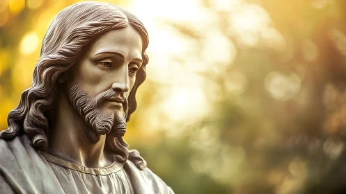 Serene Christ statue in glowing golden bokeh light outdoors.