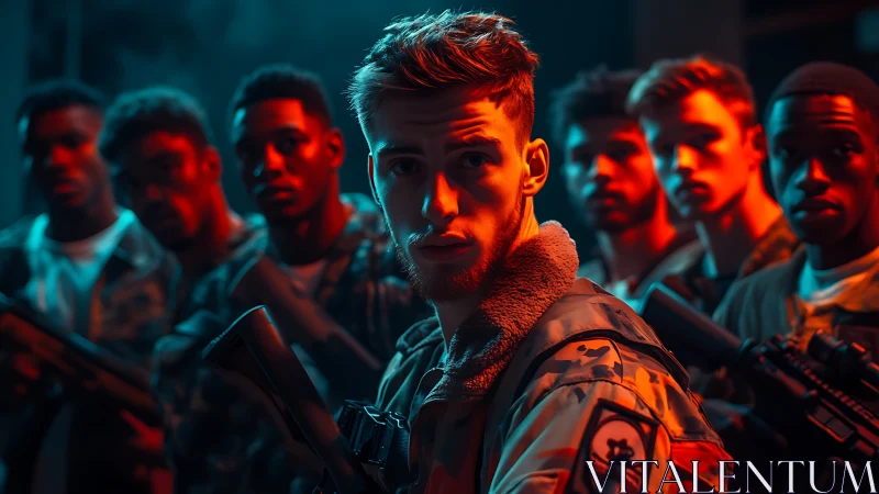 Group of armed soldiers stands in dramatic colored lighting