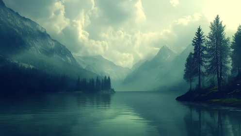 Misty mountain lake with pine forest and calm water.