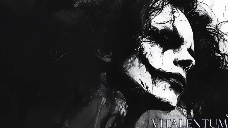 Monochrome portrait of partially obscured painted face.