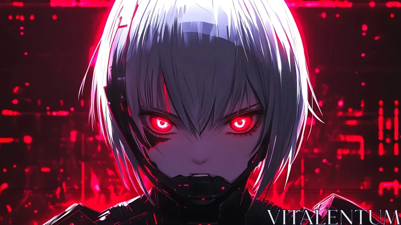 Neon-eyed cybernetic girl in crimson digital void.