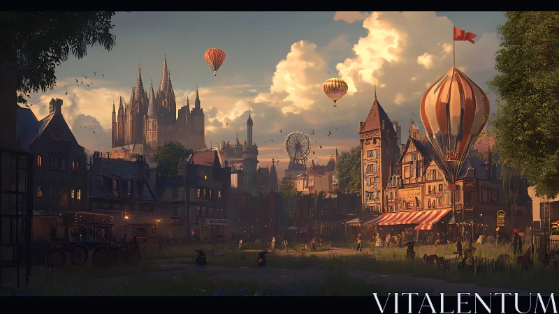 Sunlit steampunk town with drifting hot air balloons.