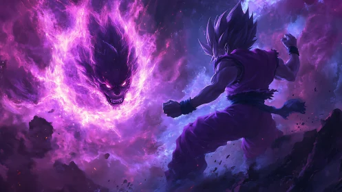 Storm-clad warrior defies a roaring cosmic shadow inferno.