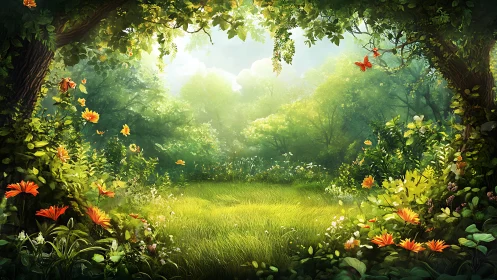 Sunlit forest clearing where wildflowers quietly sing.