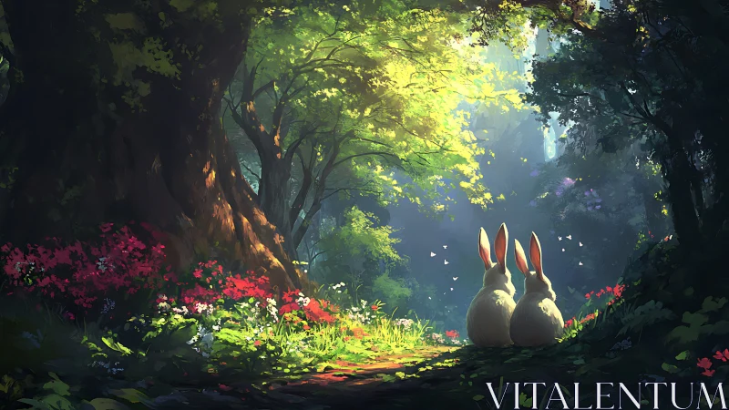 Two rabbits sit in a backlit forest clearing with flowers