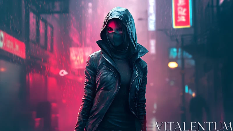 Hooded cyberpunk vigilante strides through neon rainstorm