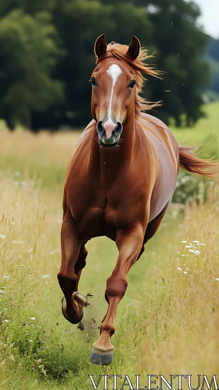 Chestnut comet galloping through a golden meadow lane.