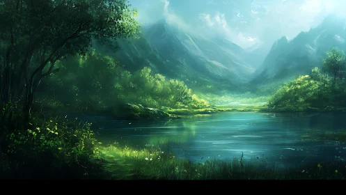 Soft mountain light hushes a glassy emerald valley lake