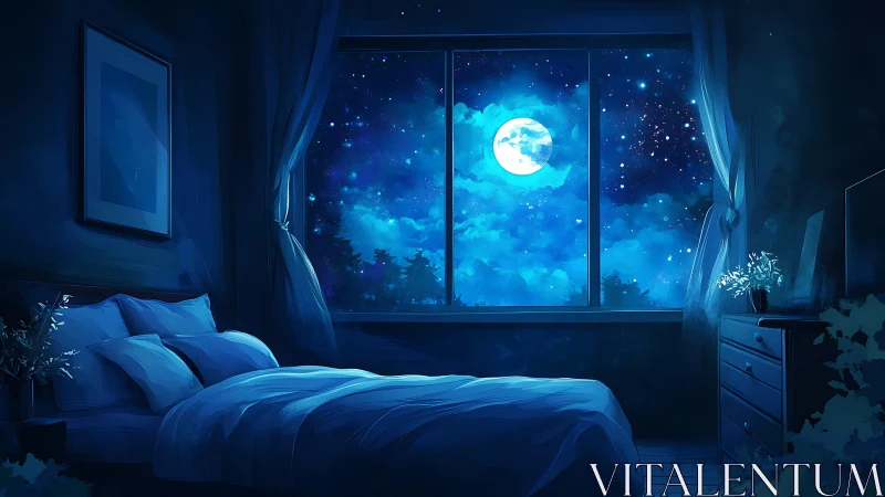 Moonlit bedroom interior under deep blue starry sky.