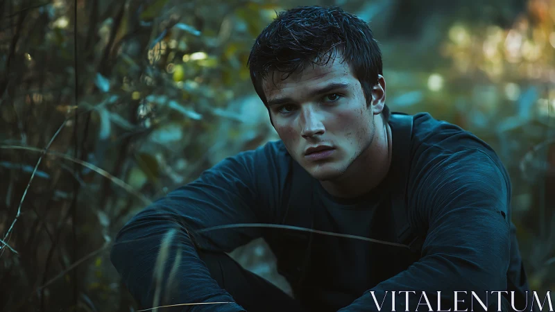 Brooding young man crouches in cool forest undergrowth.