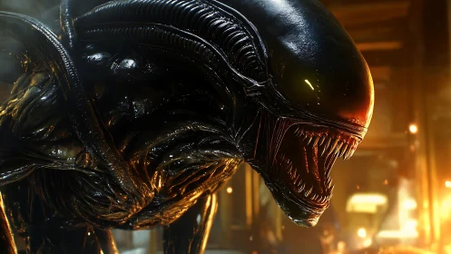 Chrome nightmare curls forward, hunting the light between sparks