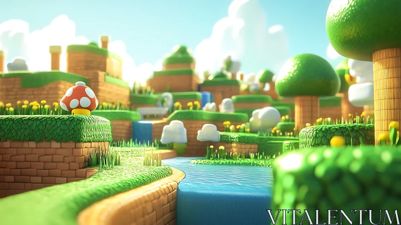 Sunny toyland hills with a friendly red mushroom buddy.