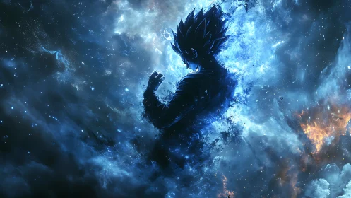 Starlit warrior ignites a blue cosmic storm of power.