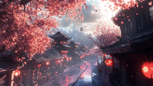 Cherry blossom-lined street with traditional lanterns at dusk.
