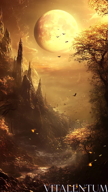 Luminous moonrise above ember-lit fantasy canyon valley.