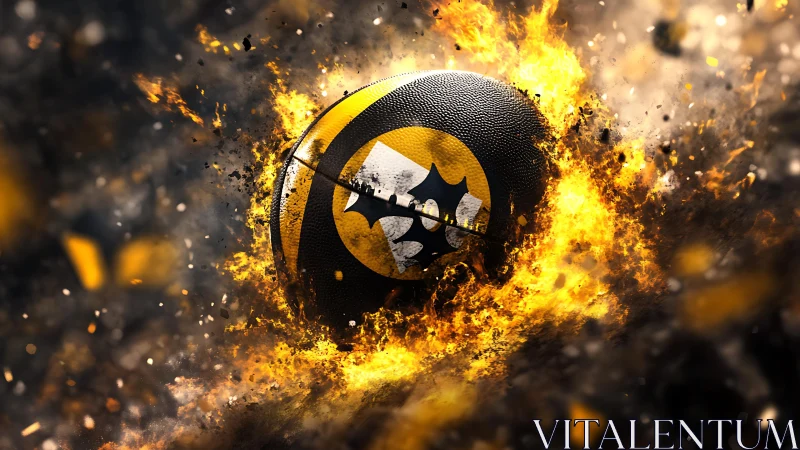 Basketball with bold emblem engulfed in fiery explosion.