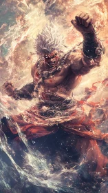 Elemental warrior erupting through turbulent fiery vortex field