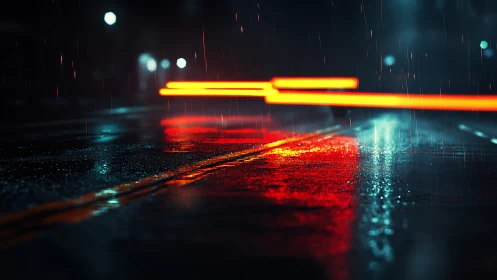 Neon tail lights streak across wet asphalt at night.