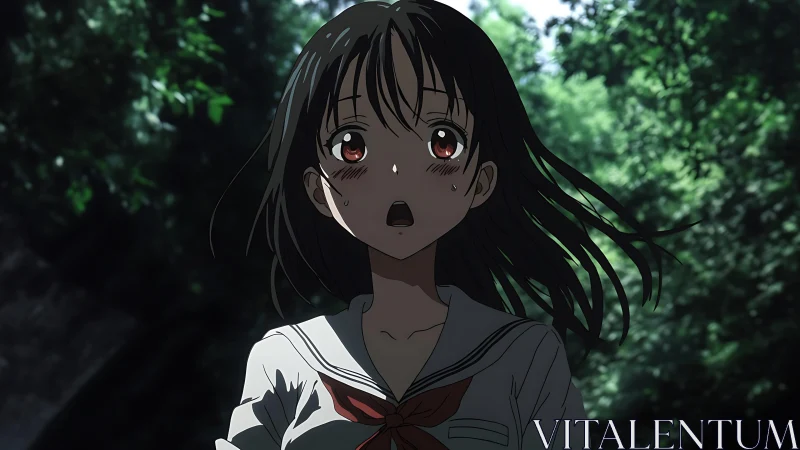 Anime schoolgirl shocked in dark forest clearing scene.