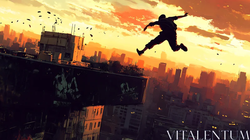 Parkour rooftop leap across blazing sunset city skyline.