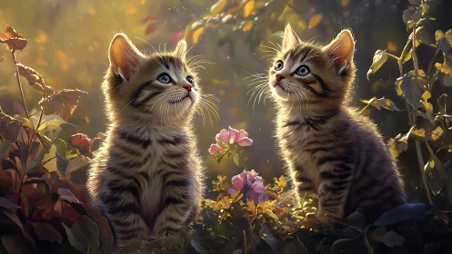 Two tabby kittens with enhanced luminosity and volumetric atmospheric rendering in stylized garden