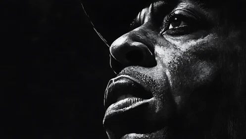 Monochrome portrait intensifies upward gaze in sharp relief.