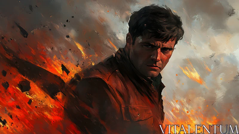 Male figure in front of dynamic fiery explosion background.