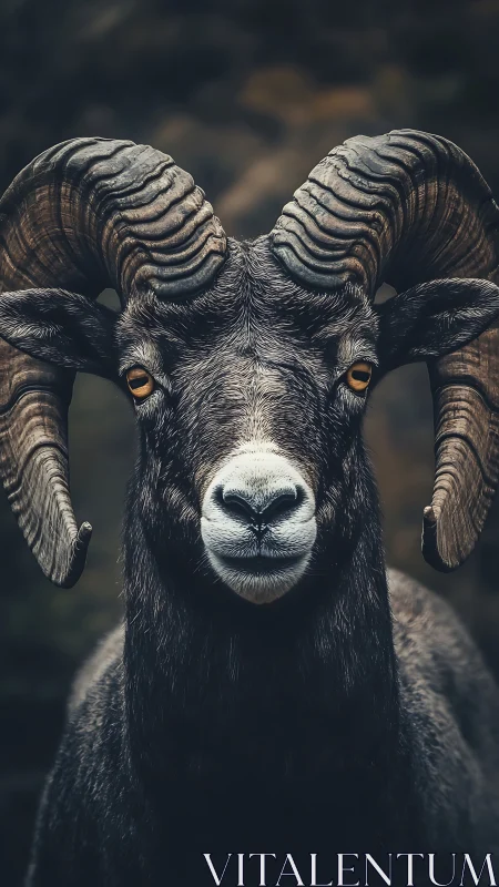Gentle mountain ram meeting your gaze with quiet strength.