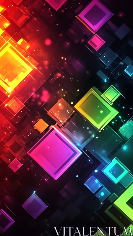 Prismatic data squares drift like neon lanterns through night