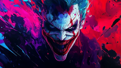 Grinning chaos erupts from neon shadows in jagged color storm