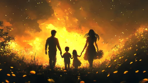 Family silhouettes hold hands before burning firestorm.