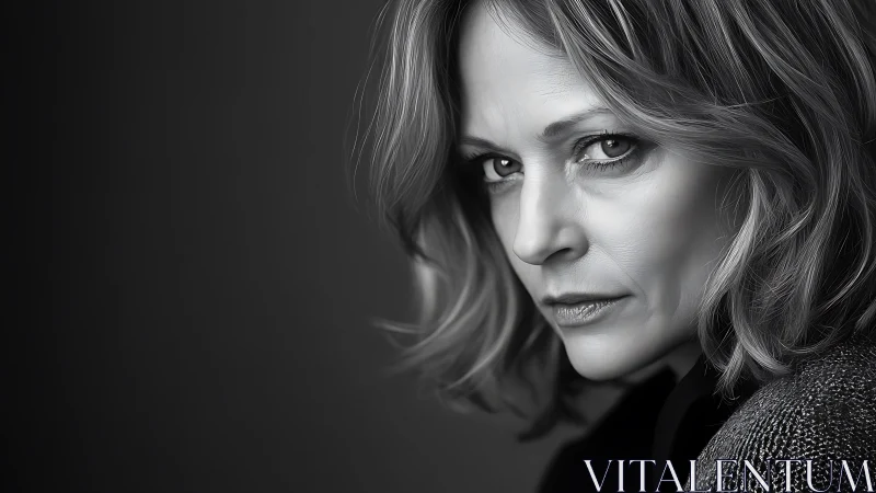 Intense Woman’s Portrait in Dramatic Black and White Photorealism.