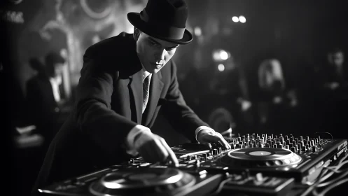 Retro-styled DJ mixing tracks on nightclub turntables.