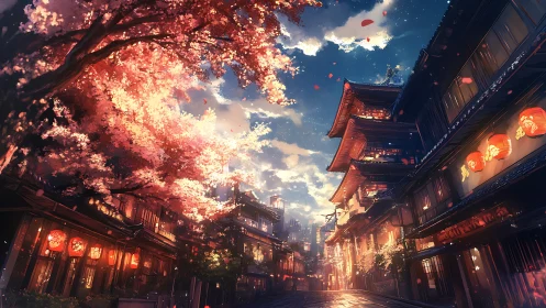 Lanternlit Sakura Street Dreaming Under a Painted Dusk.