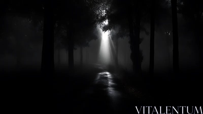 High-contrast forest path with volumetric fog and axial light beam