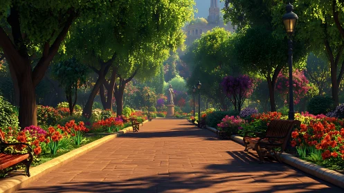 Sunlit boulevard of blooms beneath a dreamy palace garden.