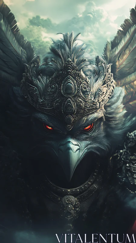 Anthropomorphic avian figure wears ornate crown and armor