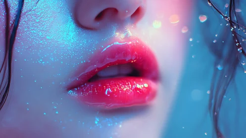 Macro close-up of wet glossy lips under neon bicolor rim lighting