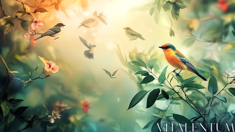 Colorful songbirds in a dreamy, sunlit forest scene, digital art.