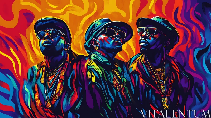 Triple portrait of stylized figures in saturated neon palette.