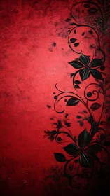 Red Floral Grunge Background with Black Scrolling Vines