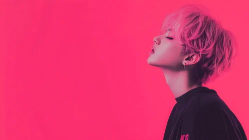 Vibrant neon portrait in profile with saturated magenta glow.