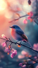 Soft-focus songbird on blossom branch under warm bokeh light