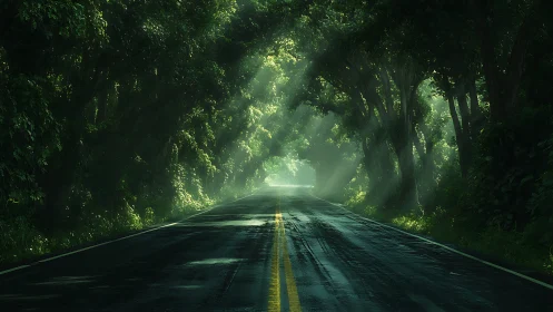 Sunlit Forest Canopy Road with Atmospheric Light Rays and Wet Asphalt