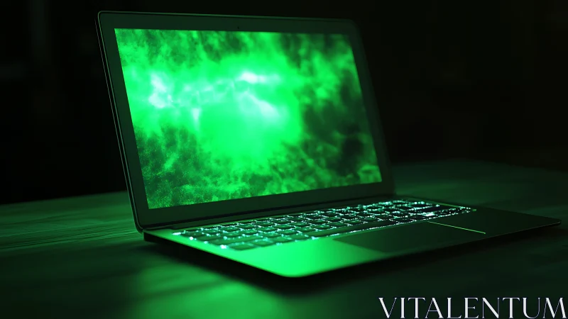 Open laptop with green illuminated display on desk surface.