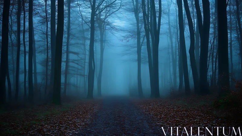 Misty blue forest trail with towering bare tree silhouettes.