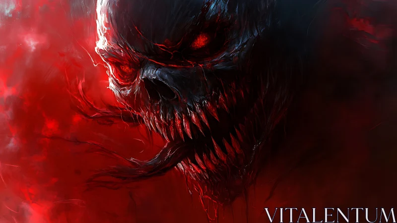 Demonic skull emerges from blood-red void in blazing rage