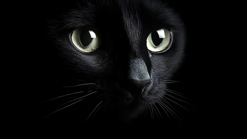Black cat face with light-colored eyes against dark background.